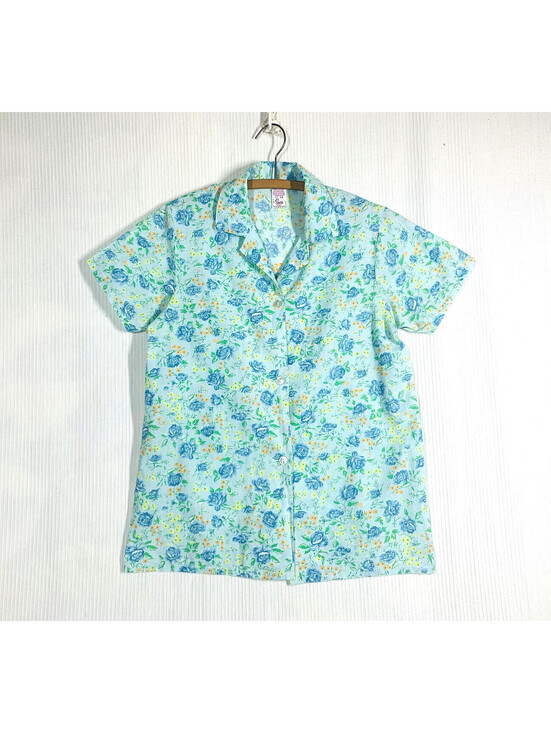 Sears Tops - Vtg 60s Blue Rose Print Shirt M L Cotton Blend Retro Collar Sears Perma Smooth